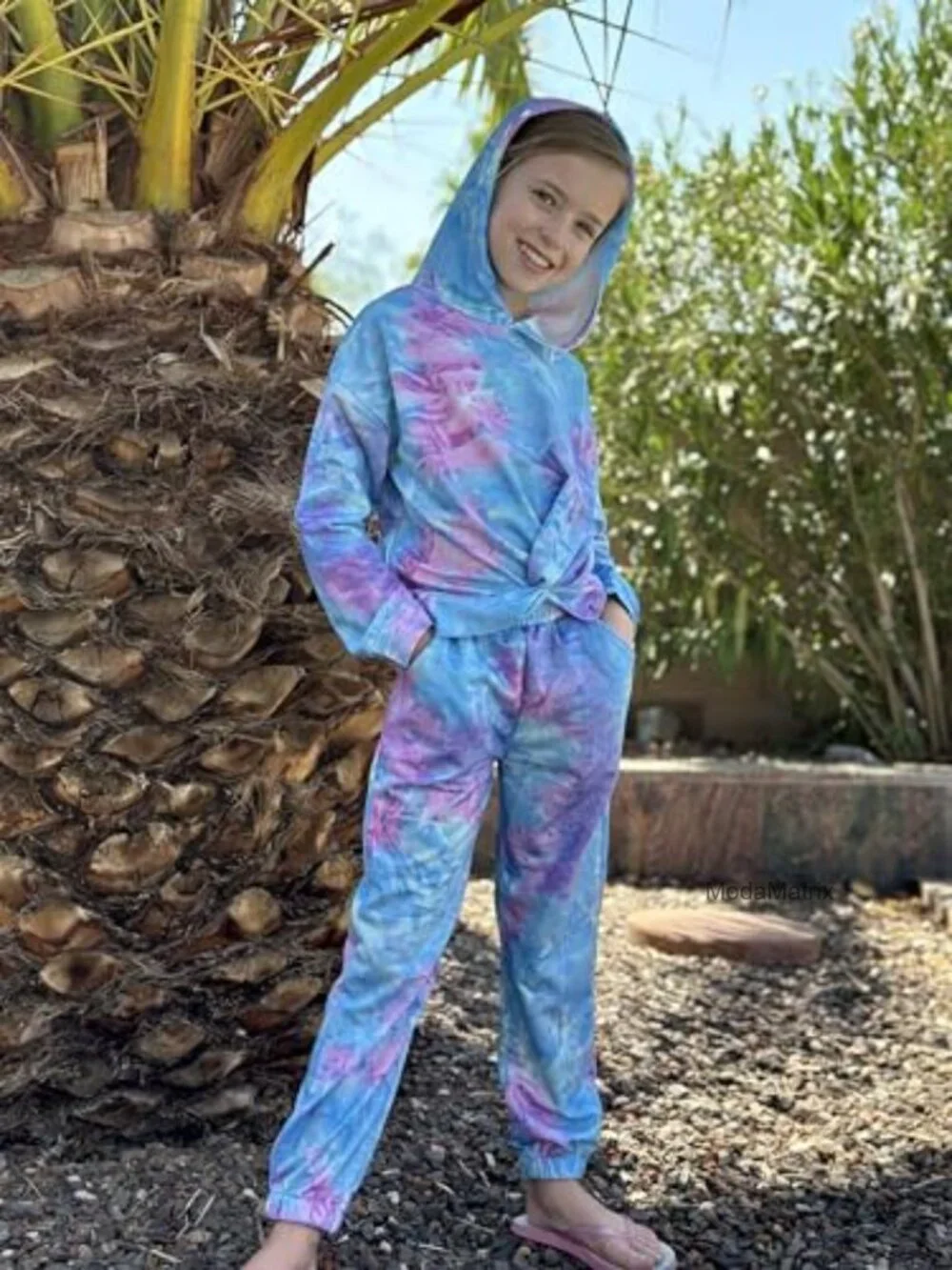 Girls 2 Piece Hooded Sweatsuit Set Tie-dye Twist Front Pullover Athletic